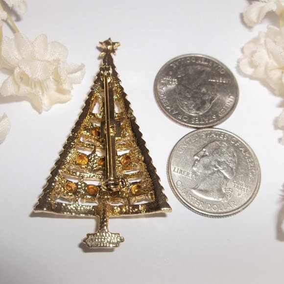 Vintage Christmas Tree Brooch Rhinestone Signed BJ Beatrix Gold Jewelry 6848 - Picture 4 of 8